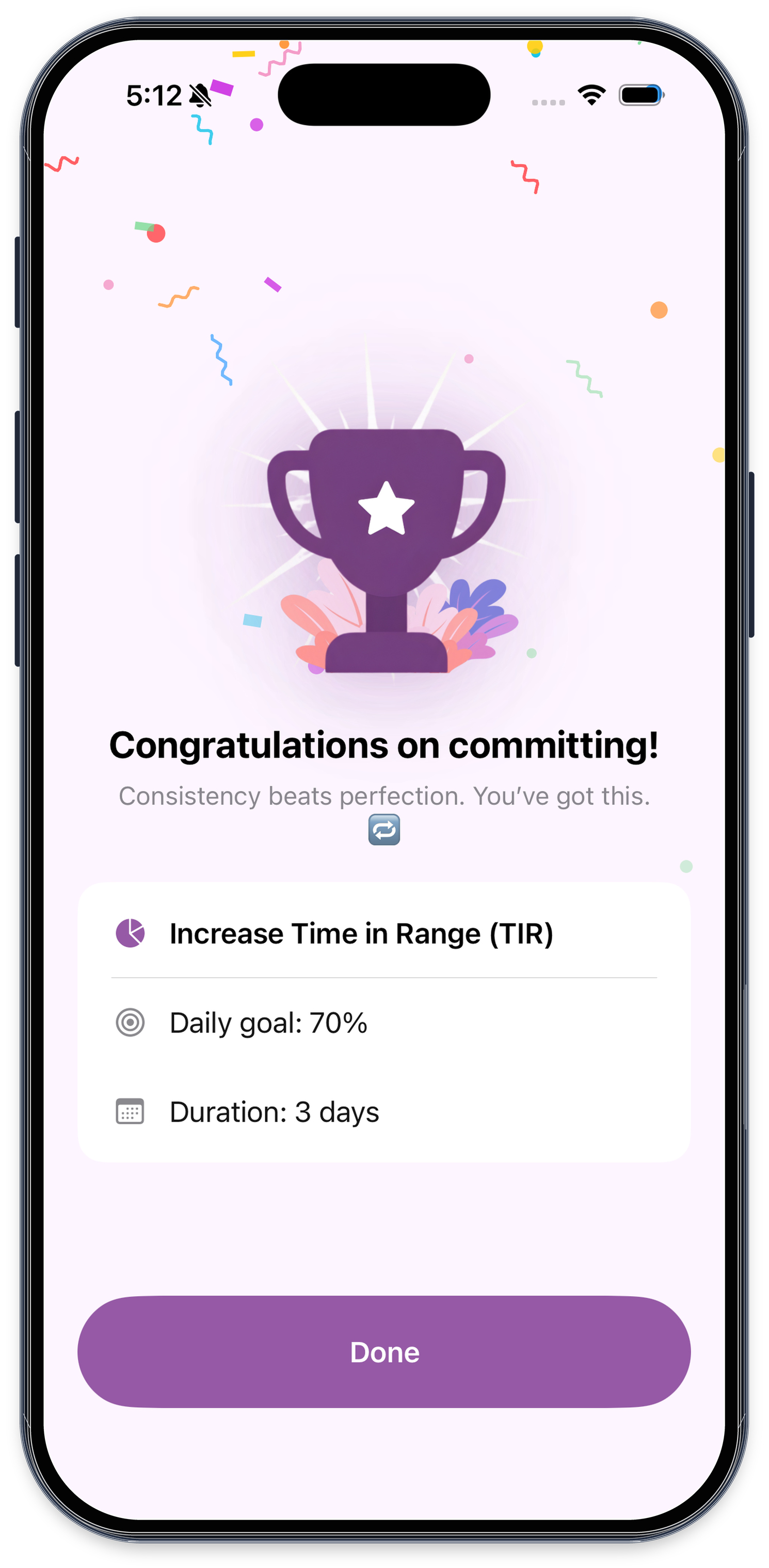 Challenge commitment screen with celebration
