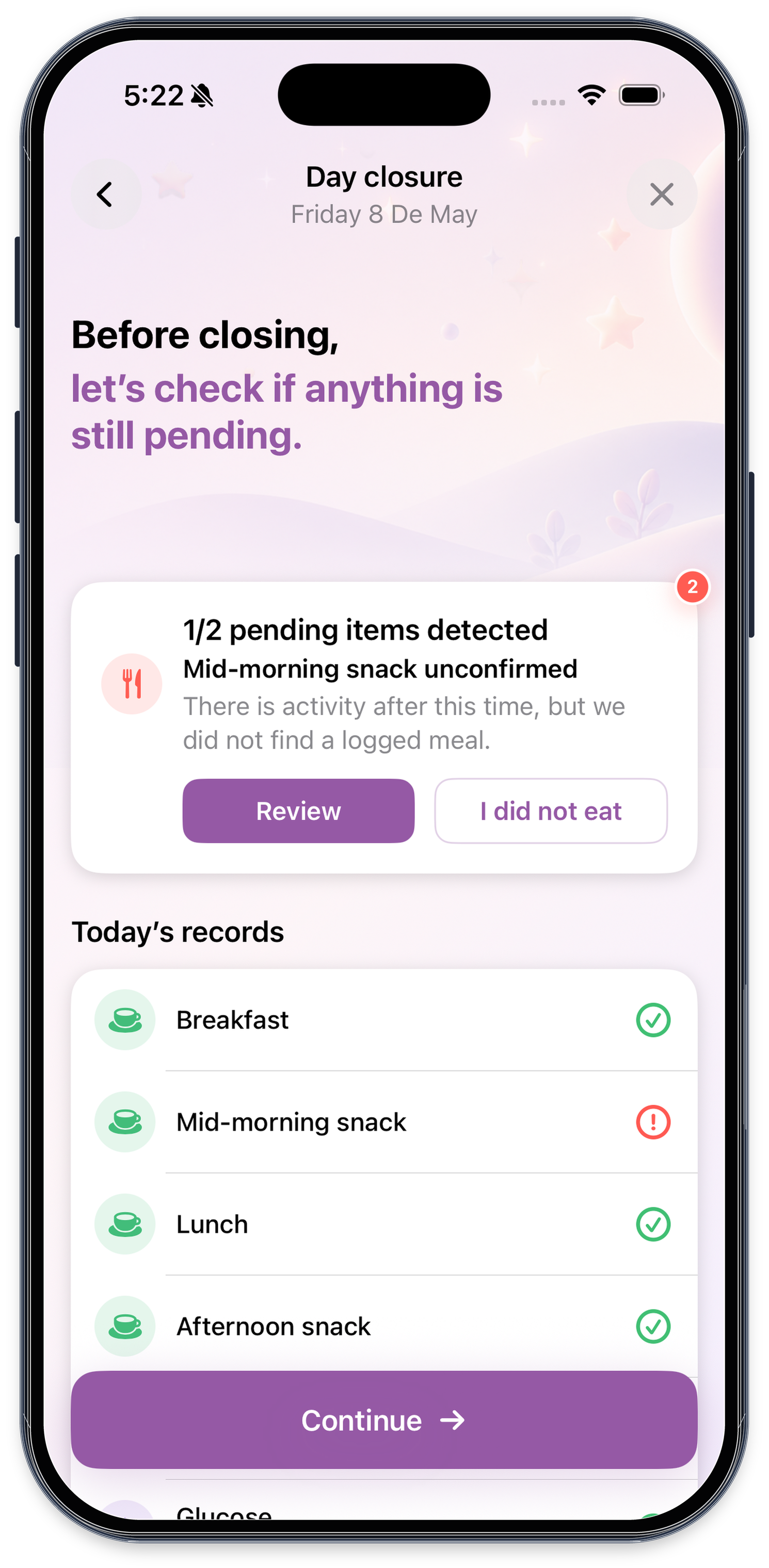 Day closure with pending items and records