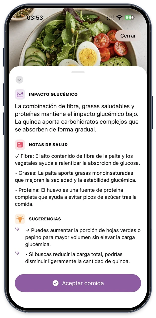 Pantalla de Dalia con impacto glucémico y sugerencias contextualizadas