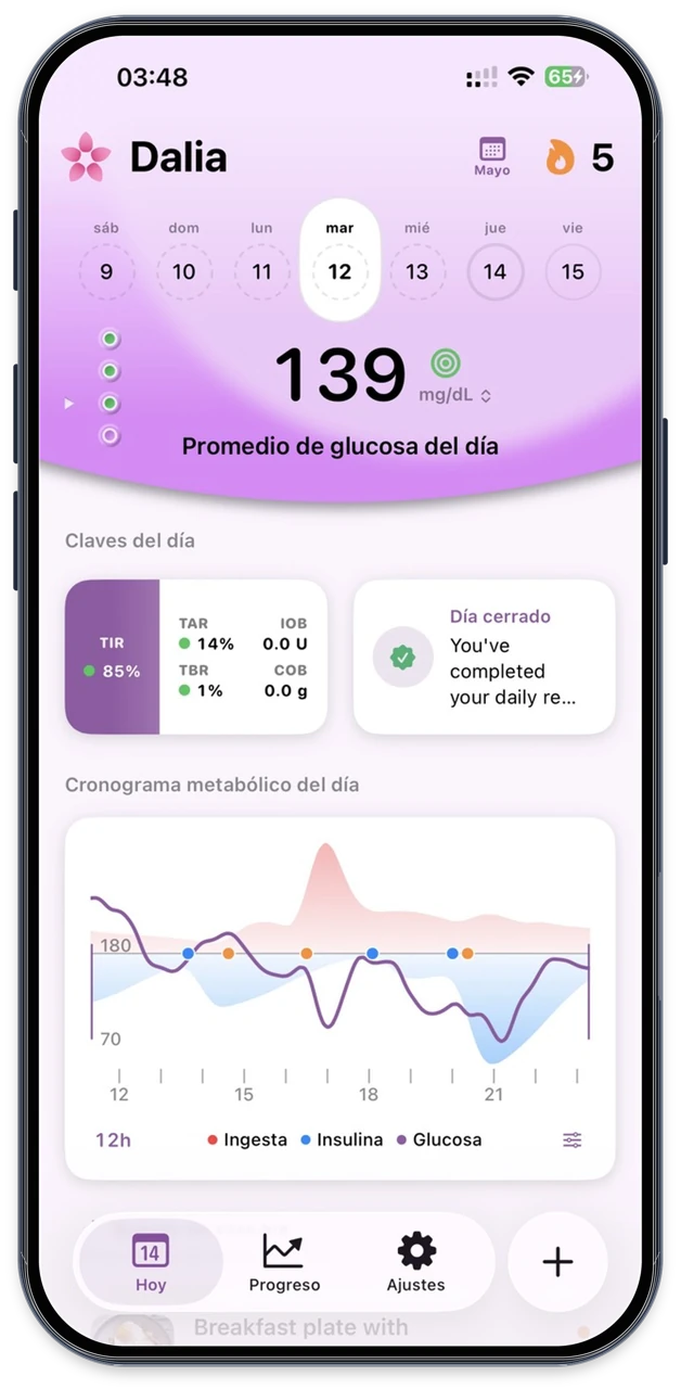 Pantalla principal de Dalia con glucosa, claves del día y cronograma metabólico