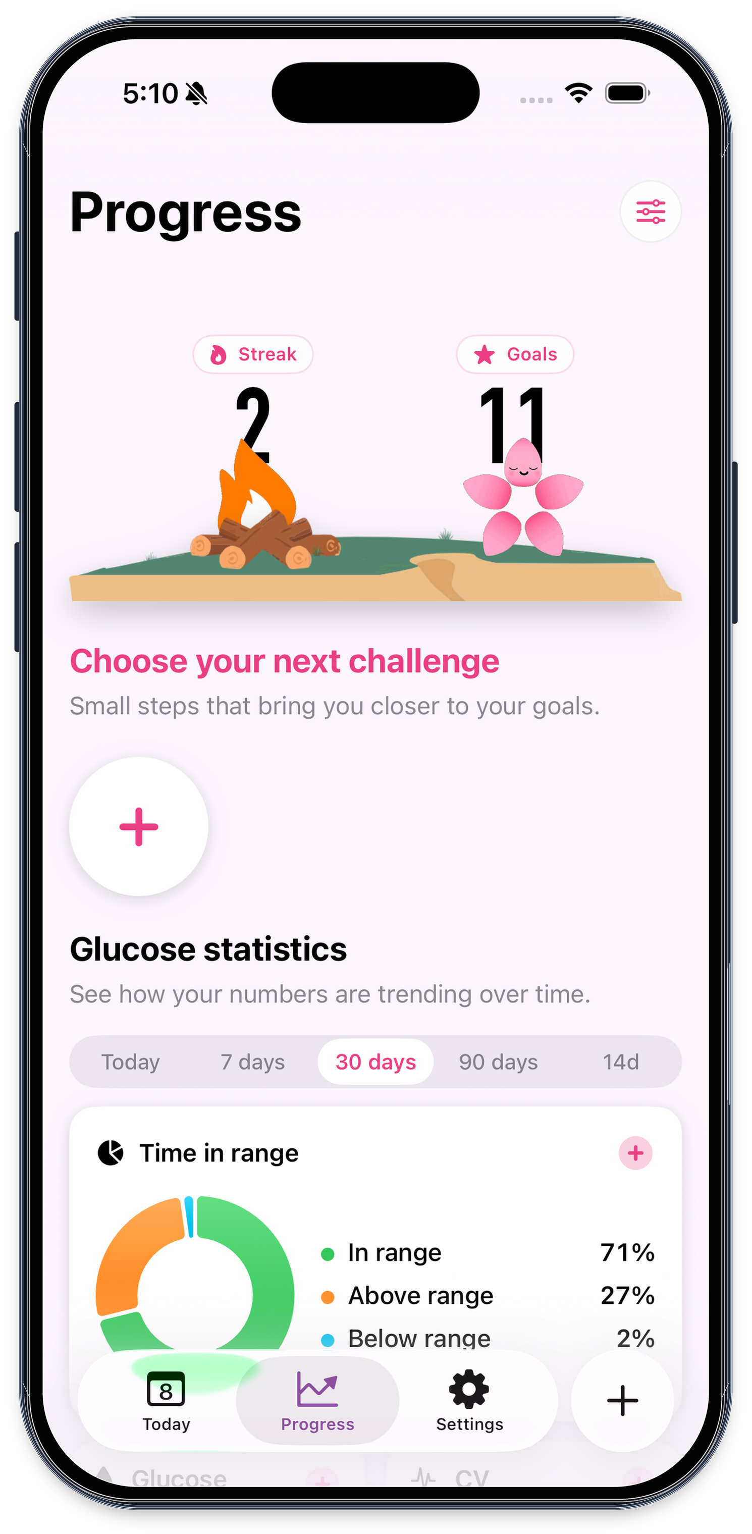 Progress screen with streak, goals, and stats